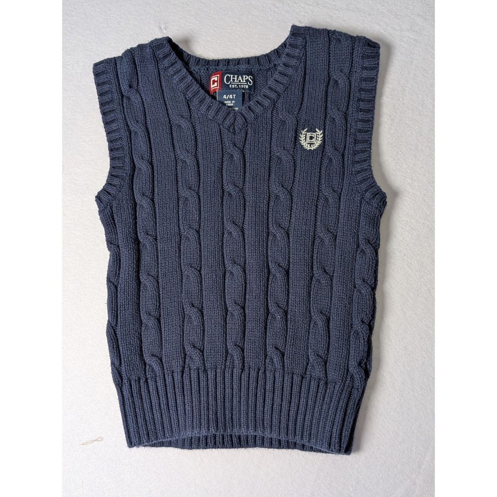 Chaps Boys Navy Blue Cable Knit Sweater Vest Size 4 4T V-Neck Preppy Logo‎